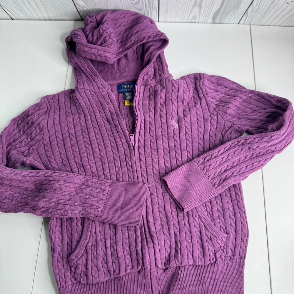 Polo Ralph Lauren Sweater Girls 8/10 Cable Knit Zip Hooded Pony Preppy Purple